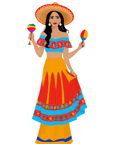 Mexican woman, traditional dress, vibrant colors, embroidery, flowing skirt, off-the-shoulder top, layered necklace, bold eyebrows, dark hair, warm skin tone, festive atmosphere, sombrero hat, maracas