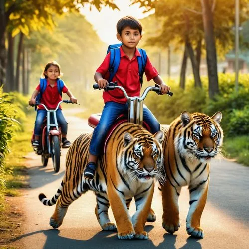 Children riding tigers to school,chandernagore,bandhavgarh,alipurduar,dinajpur,tigers,manikganj,gopalganj,bhilai,bokaro,sirajganj,panchatantra,bengalis,bandipur,bangladesh,kendrapara,narail,sundarban,