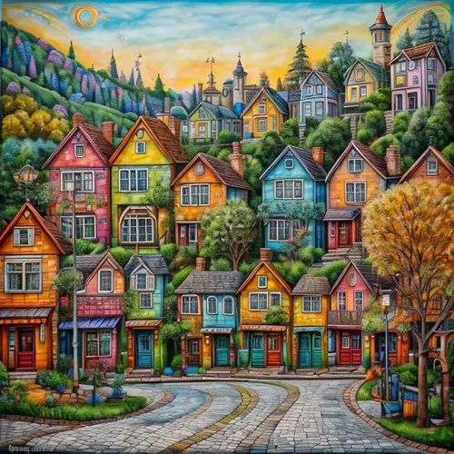 Large houses!
1. "Exploring the vibrant hues of this picturesque town 🎨🏡 Nature's beauty intertwined with colorful houses and lush trees. #ColorfulTown #NatureInspired #ArtisticVibes"

2. "Immerse y