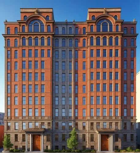 a red brick building with many windows and columns,kempinski,takashimaya,potawatomi,borgata,rotana,renaissance tower,Photography,General,Realistic