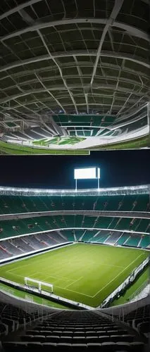 Modern stadium architecture, Olympic-sized, circular shape, grandstand seating, white pillars, transparent roof, floodlights, green grass field, athletic tracks, scoreboard displays, giant video scree