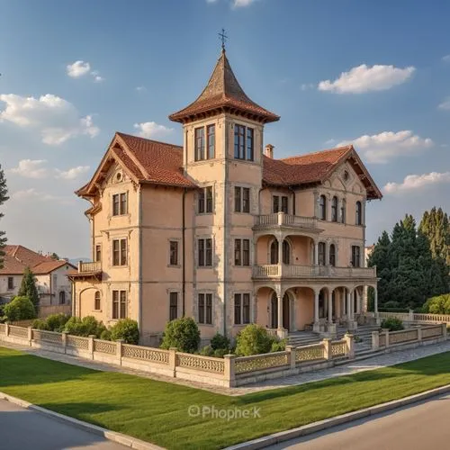 a large house with a steeple in the middle,chateau,iulia hasdeu castle,philbrook,castle of hunedoara,manor,moundbuilders,Photography,General,Realistic