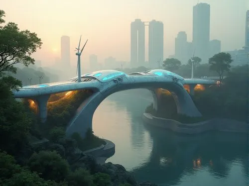 futuristic landscape,futuristic architecture,futuristic art museum,dragon bridge,ecotopia,riverworld,guangzhou,arcology,ringworld,chengdu,artificial islands,singapore,shaoming,futuristic,plesiosaurs,hangzhou,fantasy city,adventure bridge,floating islands,riverdeep,Photography,General,Realistic