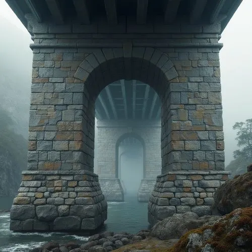 Granite bridge pier, rustic texture, grey-brown color, intricate stone patterns, massive pillars supporting arches, steel reinforcement visible, rugged natural surroundings, misty atmosphere, dramatic