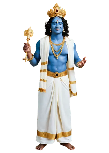 Lord Krishna, Indian god, blue skin, golden crown, elegant smile, piercing eyes, white tilaka on forehead, sacred thread across chest, ornate jewelry, draped in luxurious white and gold robes, holding