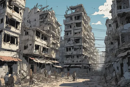 post-apocalyptic landscape,destroyed city,post-apocalypse,post apocalyptic,rubble,lost in war,syria,stalingrad,hashima,damascus,human settlement,slums,gunkanjima,war zone,sidonia,destroyed area,world digital painting,apocalyptic,building rubble,demolition,Illustration,Vector,Vector 02