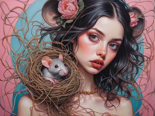 possum,mice,dormouse,opossum,sugar glider,dream catcher,fantasy portrait,girl with dog,steve medlin,dreamcatcher,cloves schwindl inge,ferret,mystical portrait of a girl,han thom,susanne pleshette,siamese cat,girl in a wreath,oil on canvas,lee slattery,eglantine,Conceptual Art,Daily,Daily 15