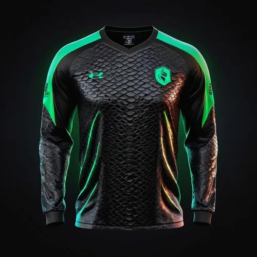 Design a Mockup jersey (long sleeve). The jersey has Dragon scales graphics on the front, neon colors, front position, object floating on a black background,sports jersey,bicycle jersey,long-sleeve,al