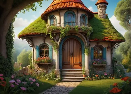 little house,dreamhouse,fairy door,witch's house,crooked house,tree house,beautiful home,house in the forest,dandelion hall,fairy tale castle,fairy chimney,cottage garden,small house,arrietty,home landscape,wooden house,summer cottage,country cottage,forest house,cottage,Illustration,Abstract Fantasy,Abstract Fantasy 01