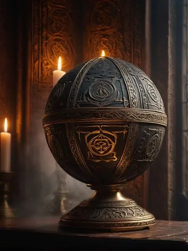 Ancient relic, mysterious aura, ornate details, glowing runes, crystal orb, leather-bound tome, intricate carvings, golden accents, mystical symbols, pedestal display, dimly lit chamber, stone walls, 