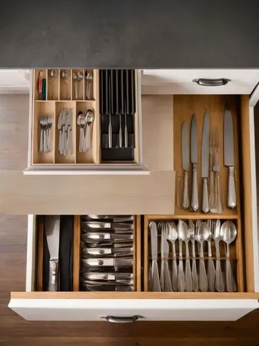 several silverware and knives inside an open drawer,knife kitchen,kitchen tools,kitchen utensils,toolset,dish storage,compartments,kitchen utensiles,toolbox,cooking utensils,kitchenware,utensils,bakin