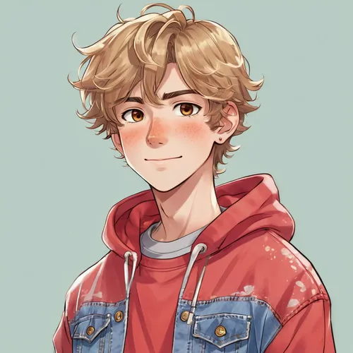 anime boy,jean jacket,hoodie,layered hair,chen,cinnamon roll,kawaii boy,a tomato,sweatshirt,candy boy,denim jacket,child boy,commissions,brad,child portrait,lance,a son,curly hair,digital painting,young man,Illustration,Japanese style,Japanese Style 02