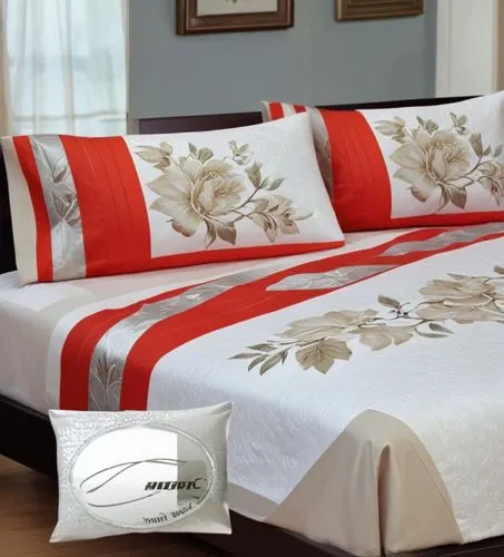 a bed with four pillows and red sheets,bed linen,bedspreads,coverlet,bedroomed,bedstead,bedspread