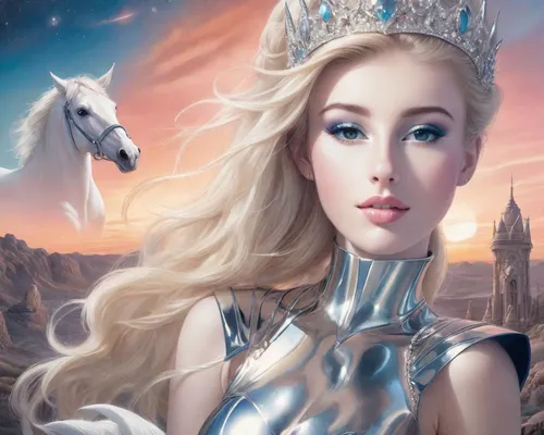 blonde, gorgeous, fantasy picture of an elegant super feminine princess in an alien countryside with a vignette of her white horse in the sky. The princess wears a glass and metallic chrome dress, bej