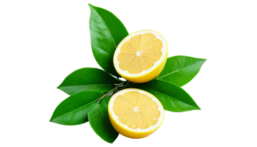 Bright yellow lemons, slice cut, juicy pulp, green leaves, thin peel, glossy surface, transparent background, close-up shot, soft natural light, shallow depth of field, vibrant color tone, 3/4 composi