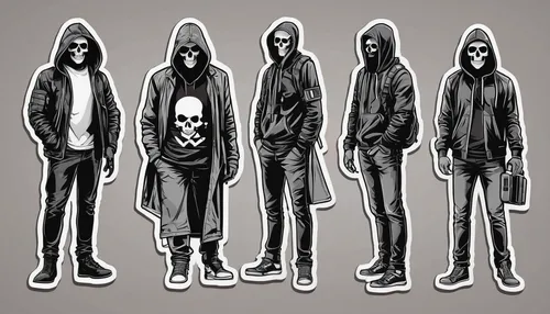 vector people,descending order,faceless,avatars,balaclava,skeletons,death's-head,scull,undead,skeleltt,skulls,individuals,seven citizens of the country,vector image,slender,figure group,group of people,hooded man,hoodie,calavera,Unique,Design,Sticker