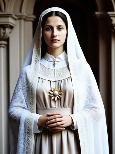 Rosa von Lima,a woman wearing a white priest costume and bonnet,novitiate,the prophet mary,saint therese of lisieux,prioress,canoness,mother mary