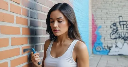 Woman is spray painted art on a brick wall,a woman in a strapless , posing for a picture,tetas,jogbra,asian woman,girl in white dress,breasted,blurred background