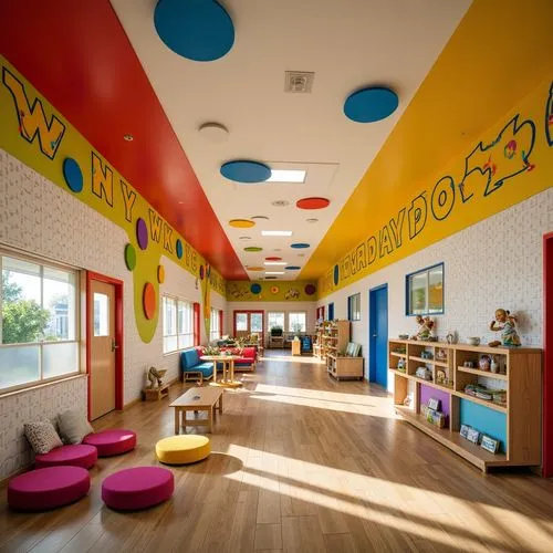 Vibrant kindergarten building, playful rounded shapes, bright primary colors, cheerful polka dots, whimsical cloud-shaped decorations, colorful alphabet letters, educational signage, lively corridors,