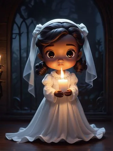 cute, Chibi, ghost, transparent body, glowing eyes, white sheet, flowing ribbon, ponytail, cute facial expression, small nose, blushing cheeks, holding candle, floating in air, haunted mansion, spooky