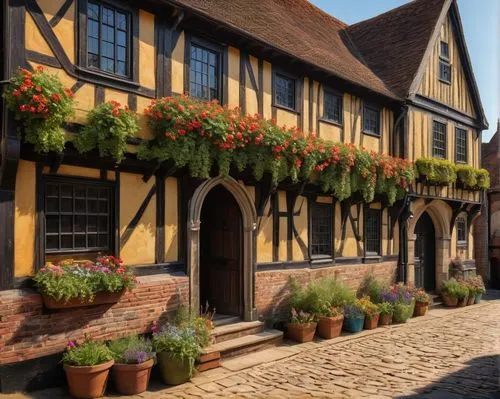 timber framed building,half-timbered houses,half-timbered house,ightham,townscapes,half timbered,timbered,lavenham,canterbury,ledbury,half-timbered wall,medieval street,elizabethan manor house,auberge,dunster,tichborne,chilham,alsace,chequers,medieval town,Art,Classical Oil Painting,Classical Oil Painting 35