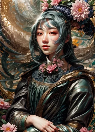 oriental princess,amano,floral japanese,japanese floral background,fantasy portrait,flora,girl in flowers,japanese art,oriental girl,chinese art,geisha,celestial chrysanthemum,oriental painting,chrysanths,girl in a wreath,virgo,zodiac sign libra,blossoms,geisha girl,jasmine blossom