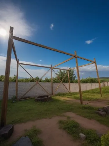 pasture fence,adventure playground,trellises,gable field,fenced,swingley,bannack camping tipi,archery stand,garden fence,dog house frame,fence gate,wooden frame construction,stockade,climbing frame,ri