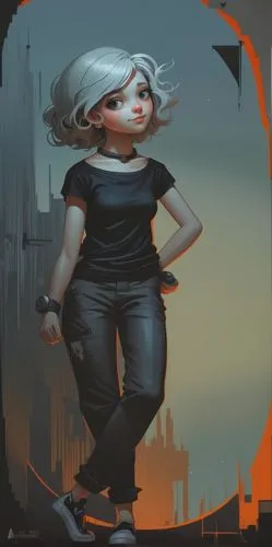 smiling, black pants, black and white hair color,scorpia,transistor,shadowrun,overpainting,giantess,game illustration,drow,lalonde,glados,riven,sardonyx,sci fiction illustration,krita,portrait backgro