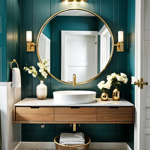 dressing table,dark blue and gold,washlet,washstand,luxury bathroom,bath room,limewood,vanities,wood mirror,sconces,bathroom,berkus,washbasin,mazarine blue,bagno,wainscoting,art deco frame,brassware,contemporary decor,bedpans