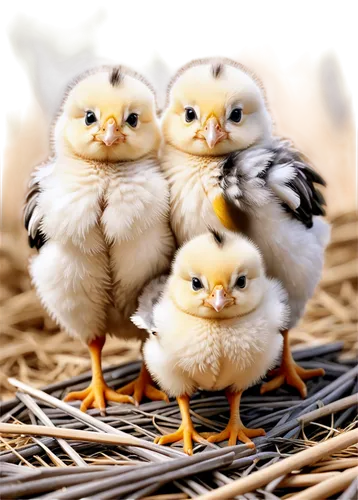 Cute chicks, multiple, fluffy feathers, yellow beak, small wings, round eyes, soft focus, warm lighting, shallow depth of field, 3/4 composition, adorable expression, farm setting, straw background, n