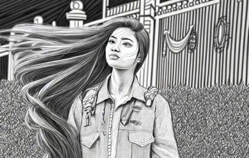 digital drawing,oriental longhair,the girl at the station,digital art,world digital painting,girl drawing,asian semi-longhair,digital artwork,pencil art,grayscale,girl in a long,colourless,denim background,girl walking away,angel line art,mono-line line art,photo painting,manga,japanese woman,digital illustration,Design Sketch,Design Sketch,Character Sketch