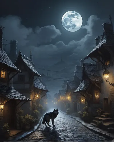 bremen town musicians,fantasy picture,werewolves,moonlit night,black shepherd,howling wolf,night scene,halloween background,cheshire,halloween black cat,witch's house,fantasy landscape,werewolf,moonlit,night watch,medieval street,halloween cat,moonshine,howl,witch house,Conceptual Art,Fantasy,Fantasy 13