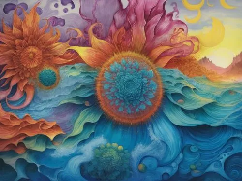 an abstract painting that resembles the ocean waves and bright sunflowers,cosmic flower,fractals art,symbioses,vibrancy,vibrantly,solario,Illustration,Realistic Fantasy,Realistic Fantasy 25