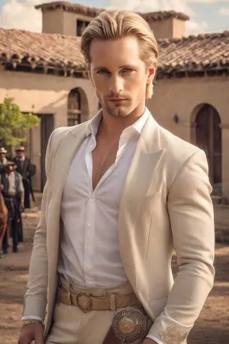 Men on a rich ranch in Jalisco, Mexico. Elegant ranch house, Rich style. Villain vibes, blonde hair, handsome,a man sits on the ground next to horses,gabrielsson,cody,jace,mikkelsen,neels,gilsig,Photo