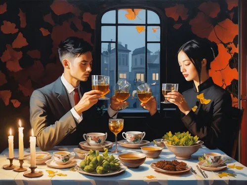 romantic dinner,autumn taste,dinner for two,clue and white,afternoon tea,autumn theme,dinner party,tea-lights,romantic night,fine dining restaurant,autumn decor,dining,teatime,autumn motive,autumn idyll,one autumn afternoon,tea service,high tea,romantic scene,young couple,Illustration,Realistic Fantasy,Realistic Fantasy 24