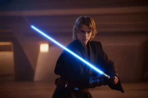 A young adult Sebastian Shaw as a young Anakin Skywalker. He has dirty blonde hair, and he is wielding a blue lightsaber.,luke skywalker,jedi,obi-wan kenobi,lightsaber,rots,senate,force,republic,sw,ma