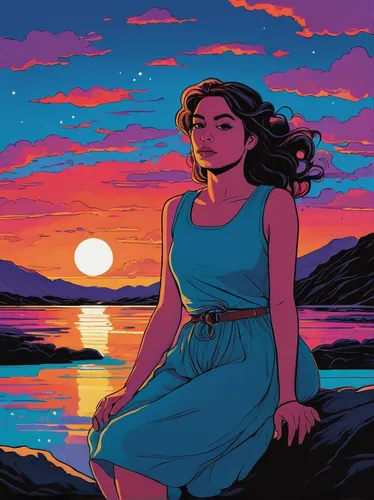 rosa ' amber cover,digital illustration,dusk background,sunset glow,sunset,girl on the river,dusk,vector illustration,moana,coast sunset,vector art,digital artwork,summer evening,digital art,pink dawn,honeymoon,sunsets,digital drawing,beach background,girl in a long dress,Illustration,Vector,Vector 11