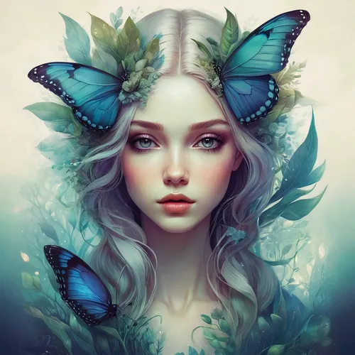 Imagine a character inspired by nature and wildlife.,faerie,faery,ulysses butterfly,blue butterflies,vanessa (butterfly),butterfly background,fairy queen,fantasy portrait,butterflies,little girl fairy