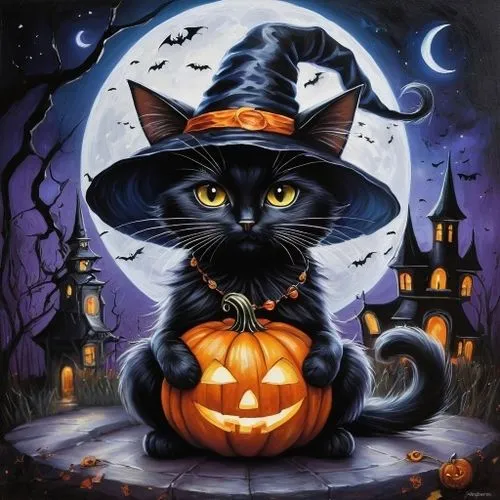 a cat wearing a witches hat with a pumpkin on the ground,halloween cat,halloween black cat,samhain,halloween background,haloween,halloween wallpaper