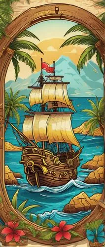 Pirate Bay, Adobe Illustrator, digital art, treasure map, parchment paper texture, golden font, anchors, ropes, Jolly Roger flags, palm trees, tropical island, sunset, warm lighting, 3D illustration, 