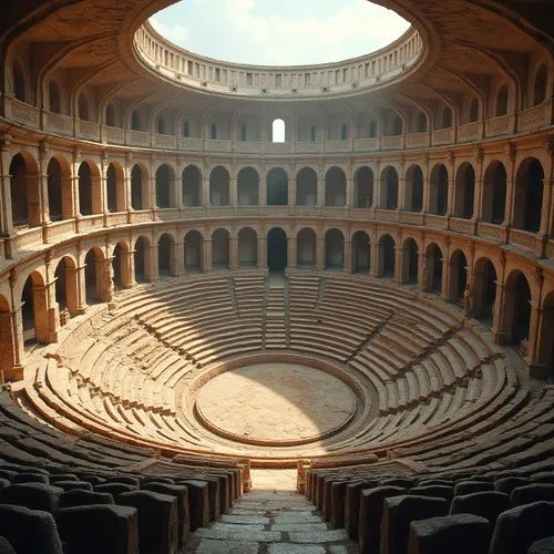 Ancient Roman amphitheater, elliptical arena, tiered seating, arches, columns, ornate capitals, rusticated stone walls, grand entrance gates, vaulted corridors, barrel-vaulted ceilings, fresco-adorned