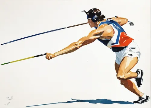 Write a thrilling action scene involving a javelin thrower competing in the Olympic Games.,javelin throw,pole vaulter,modern pentathlon,nordic combined,pole vault,biathlon,cross-country skier,javelin,