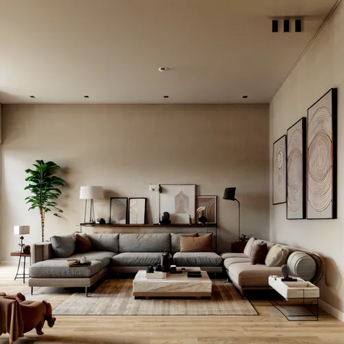 contemporary living room with neutral and warm colors, wooden toy elephant in the foreground, large sofa with cushions and a blanket, coffee table with vases on top, marble side table and black metal 