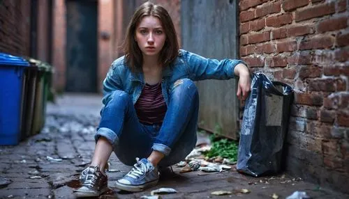 girl sitting,hobo,holding shoes,girl walking away,photo session in torn clothes,grunge,girl in overalls,worried girl,girl in a long,girl on the stairs,young girl,a girl with a camera,relaxed young girl,girl portrait,depressed woman,blue shoes,girl in t-shirt,girl praying,young woman,sidewalk,Art,Classical Oil Painting,Classical Oil Painting 27