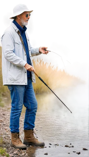 Fisherman, mature man, rugged face, strong build, wavy brown hair, bushy eyebrows, white beard, worn fishing hat, sunglasses, waterproof jacket, blue jeans, rubber boots, holding fishing rod, standing