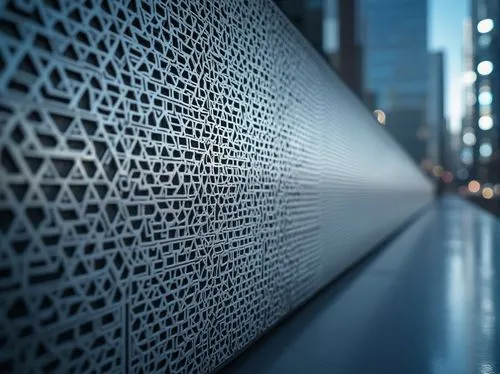 Perforated metal, modern design, geometric patterns, silver material, industrial texture, intricate details, minimalist aesthetic, urban setting, cityscape background, sleek lines, futuristic ambiance