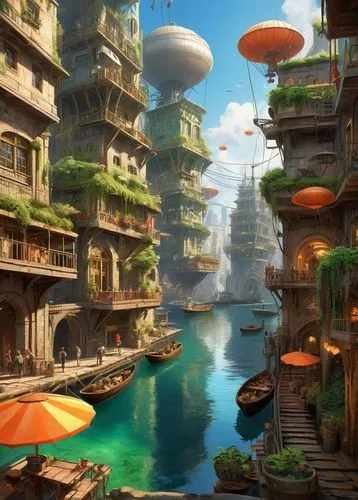 futuristic landscape,ecotopia,fantasy city,terraformed,ancient city,floating islands,Illustration,Realistic Fantasy,Realistic Fantasy 01