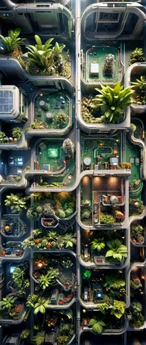 Biological laboratory in space, many plants, animals, top view, hundreds of floors, multi-level system, star waterfall,crate of vegetables,cable salad,vegetable crate,preserved food,frozen vegetables,