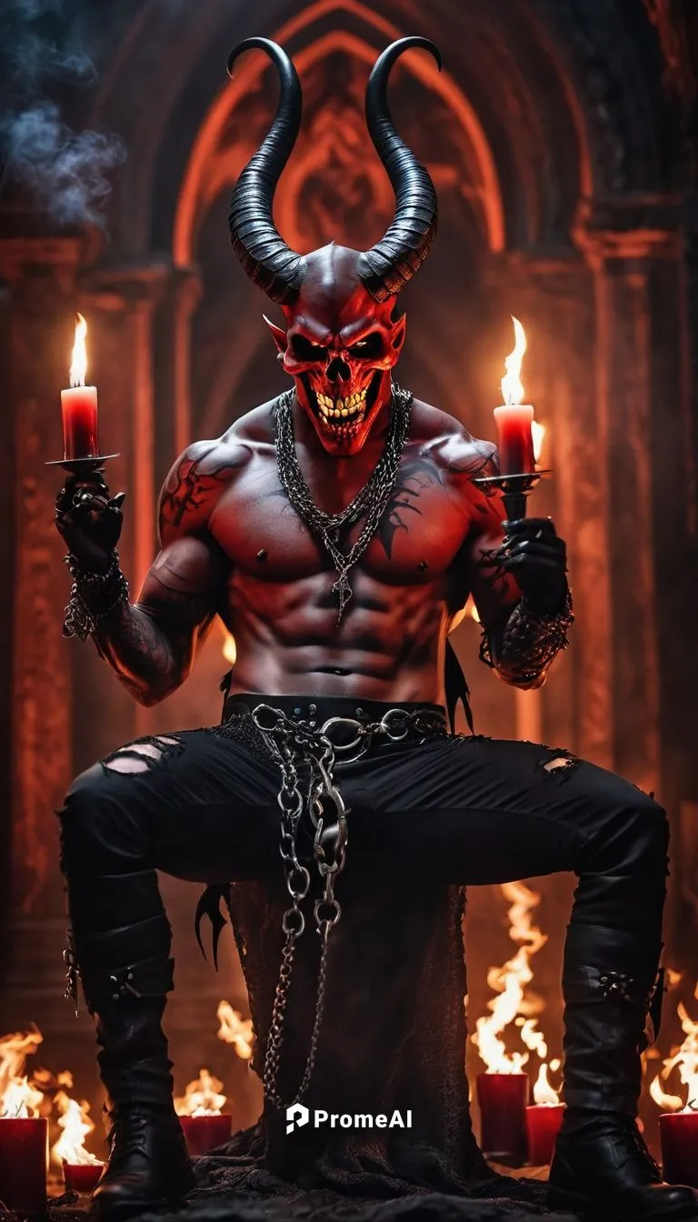 Darkness, demon lord, red skin, horns, sharp teeth, evil grin, black wings, ripped pants, chains, fiery background, smoke effects, dramatic lighting, intense close-up, shallow depth of field, hellish 