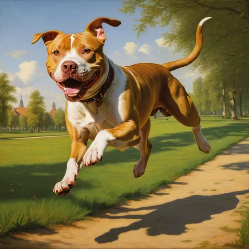 Describe a playful pit bull running freely in a sunny park.,running dog,dog running,staffordshire bull terrier,american staffordshire terrier,american pit bull terrier,amstaff,two running dogs,dog ill